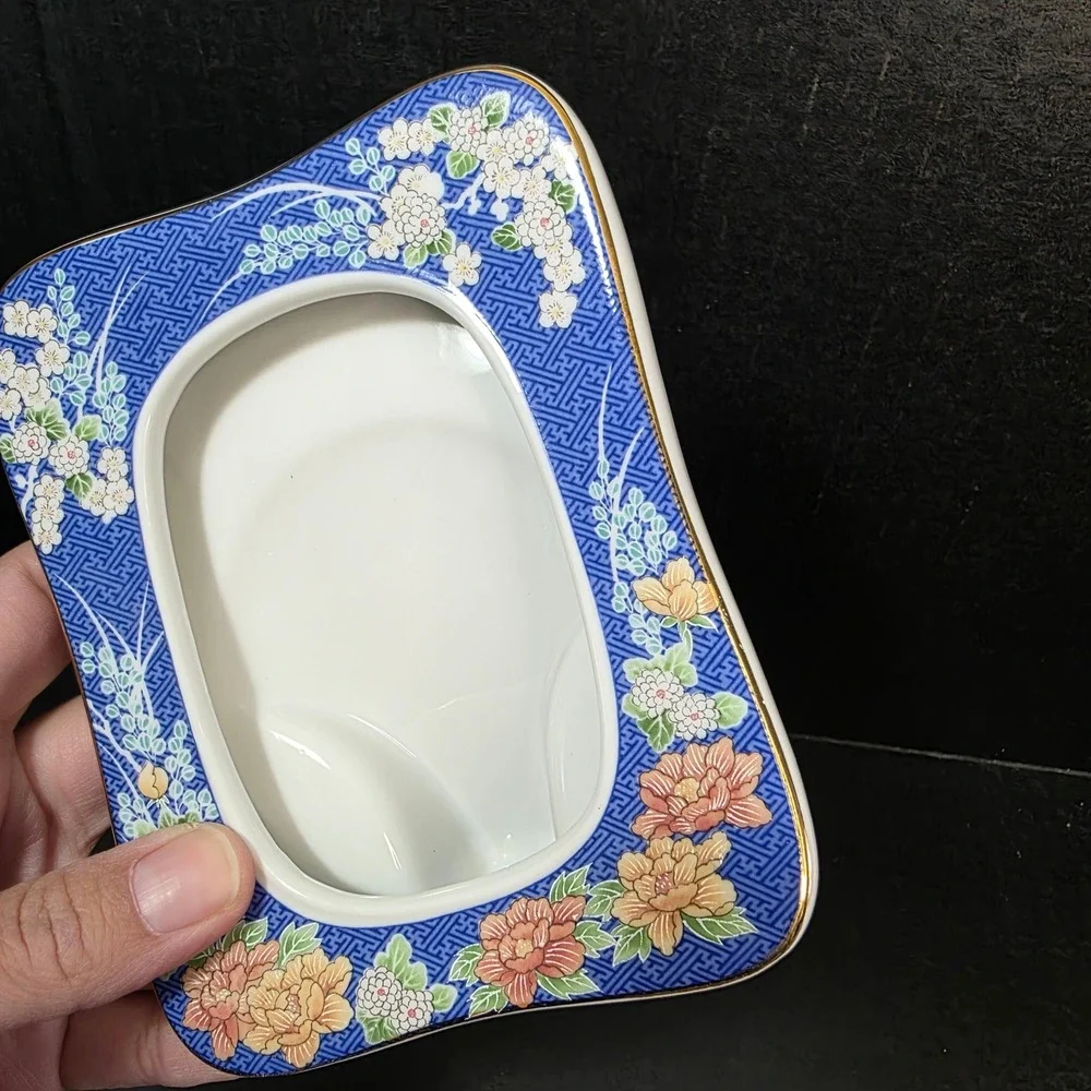 Takahashi San Francisco Picture Frame 1980 Blue Floral Porcelain Gold Trim 5x4